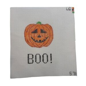 LG Needlepoint Canvas Pumpkin Boo Hand Painted Halloween Orange‎ White LG 571